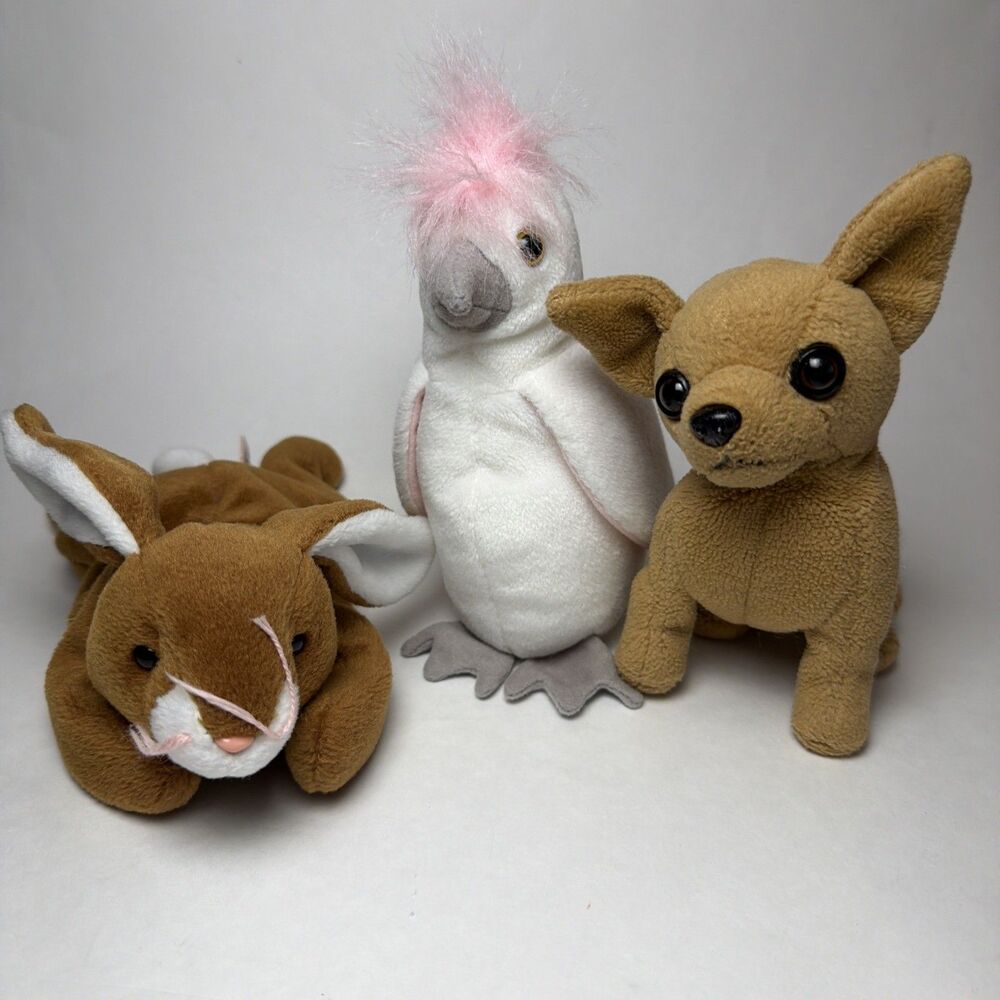 Lot of 3 Ty Beanie Babies Plush Stuffed Animals Bunny Bird Dog